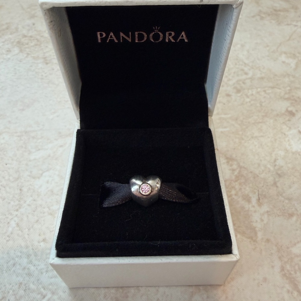 Pandora Silver Heart Bracelet Charm with Pink Accent